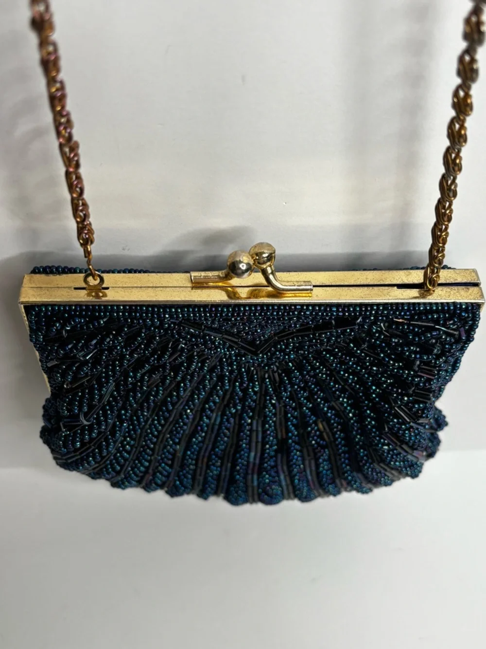 Vintage Evening Clutch Navy Blue Beaded Purse Kiss Lock Gold Chain Strap